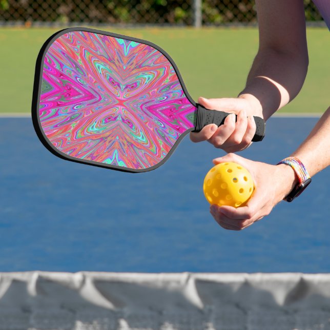 Trippy Pink, Aqua and Magenta Abstract Butterfly Pickleball Paddle (Insitu)