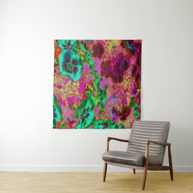 Trippy Psychedelic Emerald Green Flowers Tapestry (In Situ)