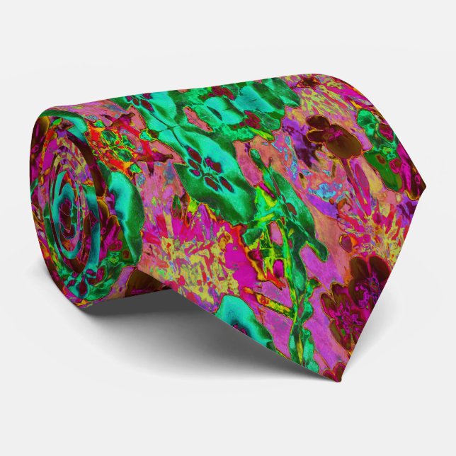 Trippy Psychedelic Emerald Green Flowers Tie (Rolled)