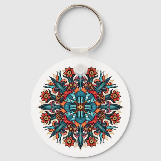 Trippy Psychedelic Groovy Mushroom Mandala Eyes Key Ring (Front)