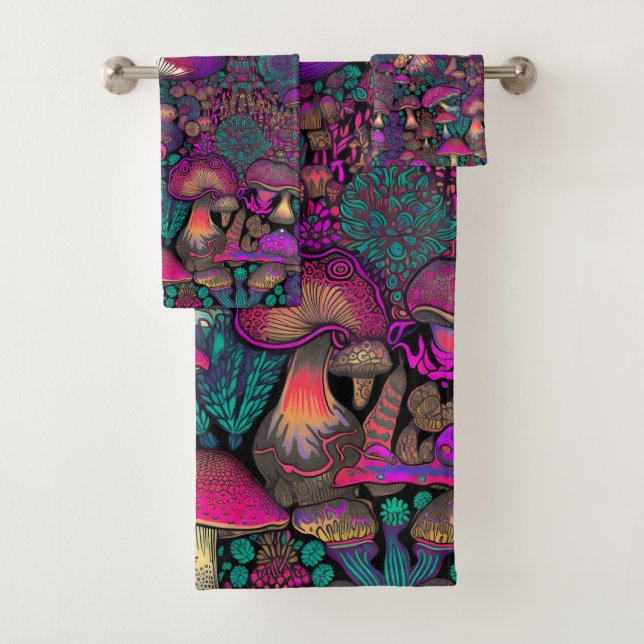 Trippy Psychedelic Mushroom Pattern  Bath Towel Set (Insitu)