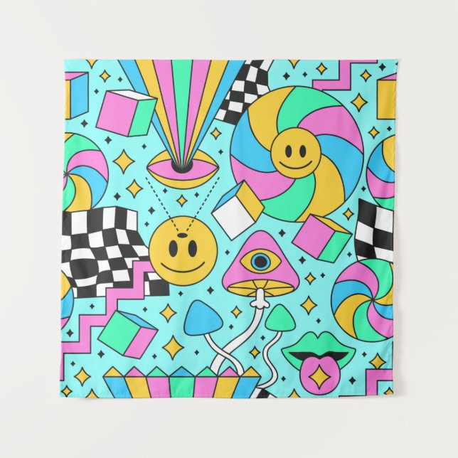 Trippy rainbow 60s pop psychedelic seamless patter tapestry (Front)