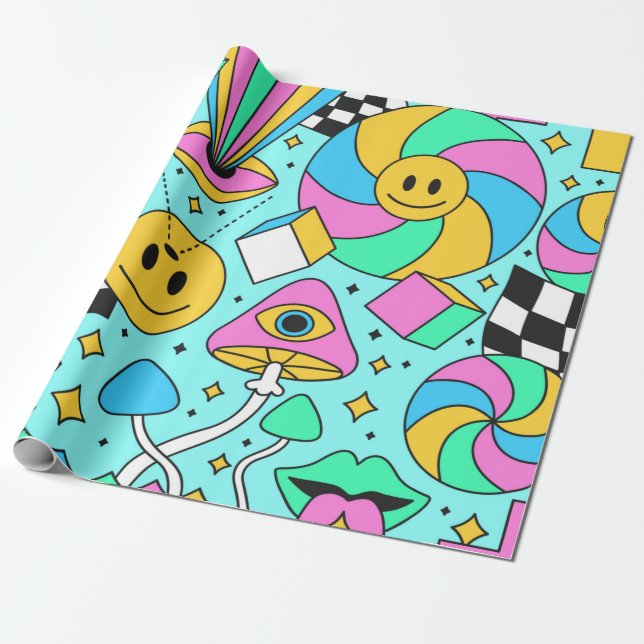 Trippy rainbow 60s pop psychedelic seamless patter wrapping paper (Unrolled)