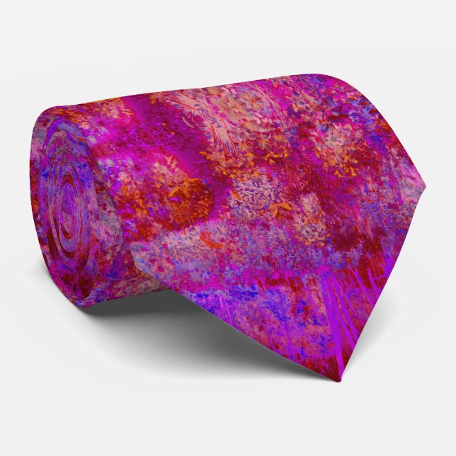 Trippy Red and Magenta Impressionistic Landscape Tie (Rolled)