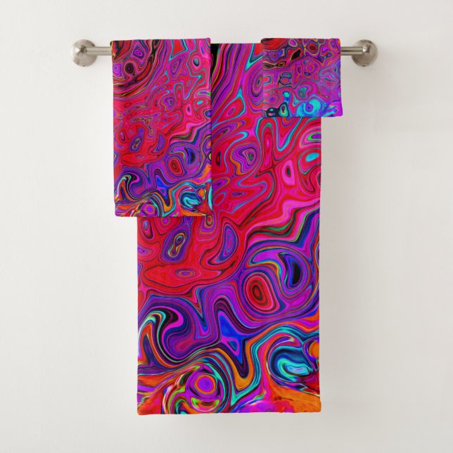 Trippy Red and Purple Abstract Retro Liquid Swirl Bath Towel Set (Insitu)