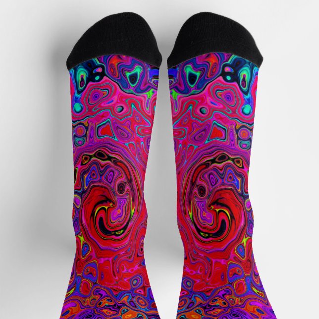 Trippy Red and Purple Abstract Retro Liquid Swirl Socks (Top)