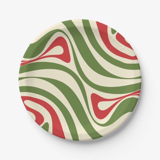 Trippy Retro Abstract Swirl Christmas Pattern Paper Plate (Front)