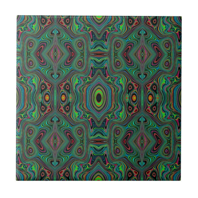 Trippy Retro Black and Lime Green Abstract Pattern Ceramic Tile (Front)