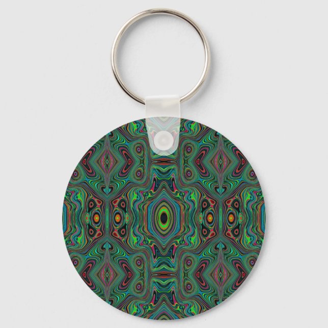 Trippy Retro Black and Lime Green Abstract Pattern Key Ring (Front)