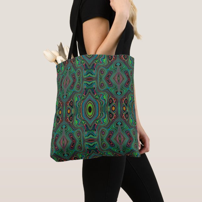 Trippy Retro Black and Lime Green Abstract Pattern Tote Bag (Close Up)
