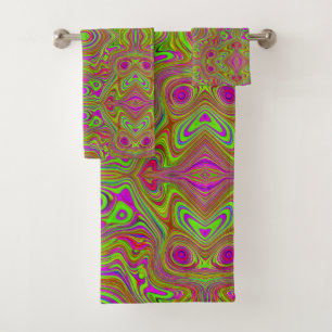 Trippy Retro Chartreuse Magenta Abstract Pattern Bath Towel Set