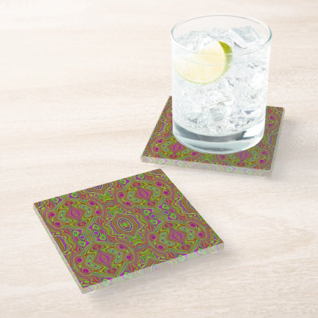Trippy Retro Chartreuse Magenta Abstract Pattern Glass Coaster (Angled)