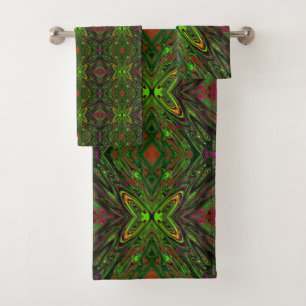 Trippy Retro Lime Green Abstract Butterfly Bath Towel Set