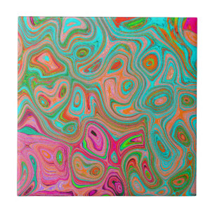 Trippy Retro Orange and Aqua Groovy Abstract Art Ceramic Tile