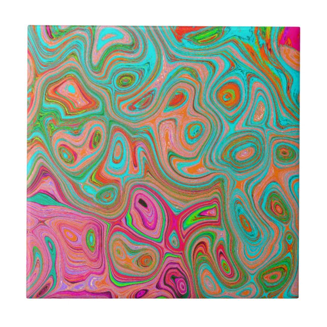 Trippy Retro Orange and Aqua Groovy Abstract Art Ceramic Tile (Front)