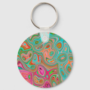 Trippy Retro Orange and Aqua Groovy Abstract Art Key Ring