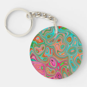 Trippy Retro Orange and Aqua Groovy Abstract Art Key Ring