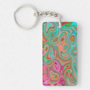 Trippy Retro Orange and Aqua Groovy Abstract Art Key Ring