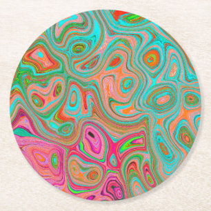 Trippy Retro Orange and Aqua Groovy Abstract Art Round Paper Coaster