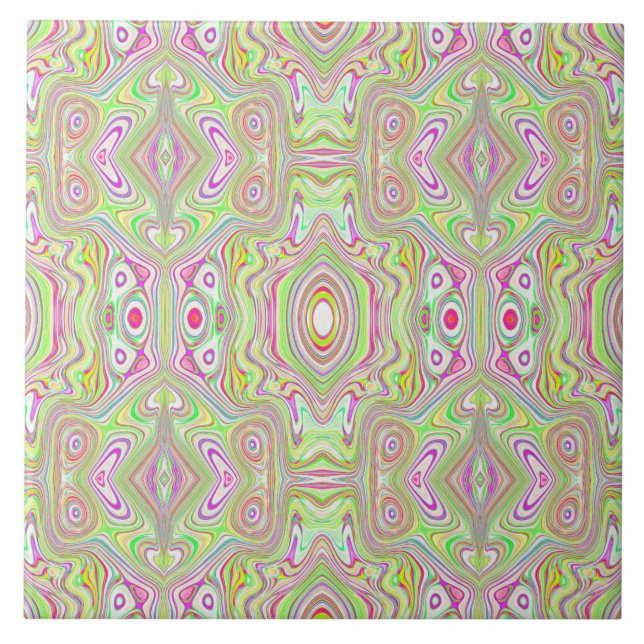 Trippy Retro Pink and Lime Green Abstract Pattern Ceramic Tile (Front)