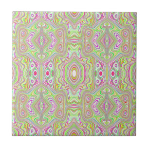 Trippy Retro Pink and Lime Green Abstract Pattern Ceramic Tile