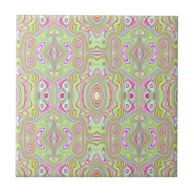 Trippy Retro Pink and Lime Green Abstract Pattern Ceramic Tile (Front)