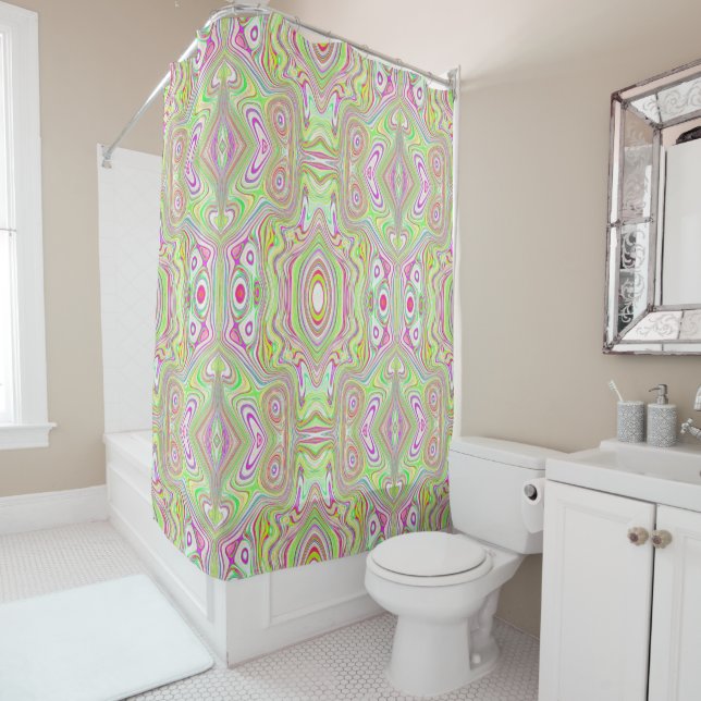 Trippy Retro Pink and Lime Green Abstract Pattern Shower Curtain (In Situ)