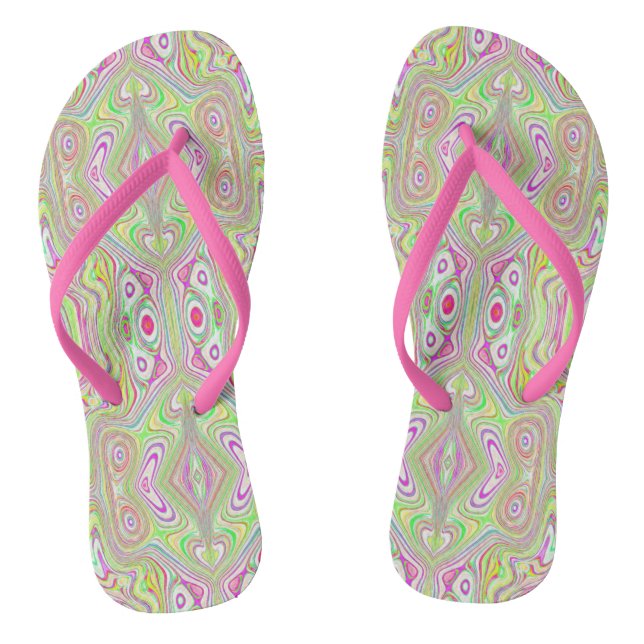 Trippy Retro Pink and Lime Green Abstract Pattern Thongs (Footbed)