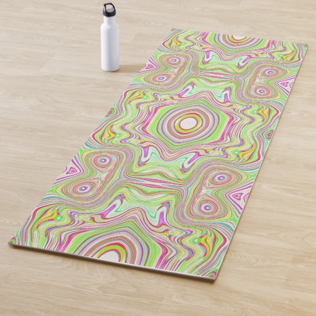Trippy Retro Pink and Lime Green Abstract Pattern Yoga Mat (In Situ)