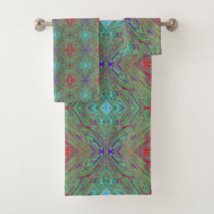 Trippy Retro Purple and Green Abstract Butterfly Bath Towel Set