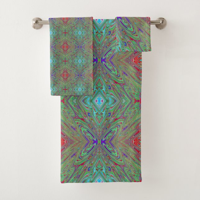 Trippy Retro Purple and Green Abstract Butterfly Bath Towel Set (Insitu)