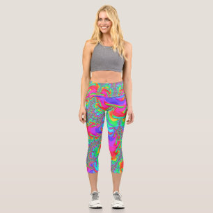 Trippy Retro Vibrant Neon Rainbow Fractal Art Capri Leggings