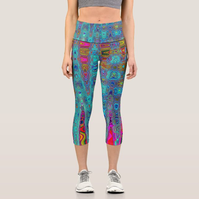 Trippy Sky Blue Abstract Retro Atomic Waves Capri Leggings (Front)