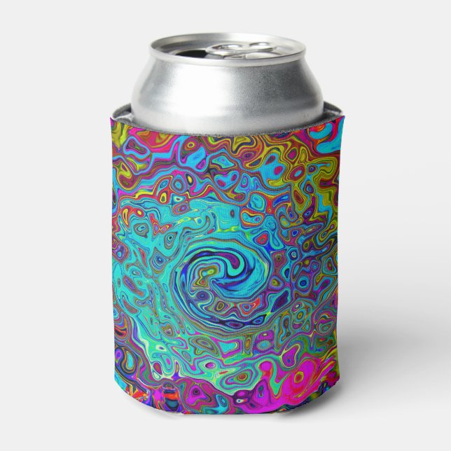 Trippy Sky Blue Abstract Retro Liquid Swirl Can Cooler (Can Front)