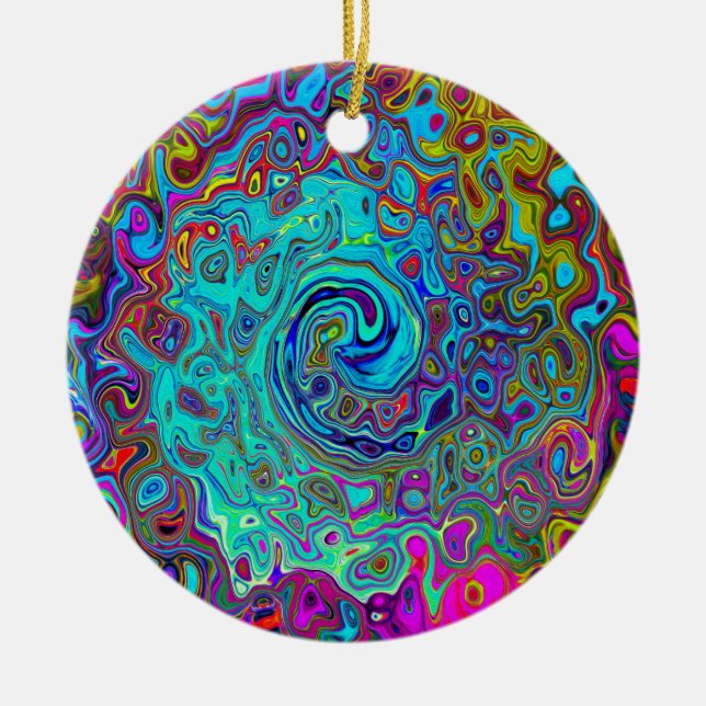 Trippy Sky Blue Abstract Retro Liquid Swirl Ceramic Ornament (Front)