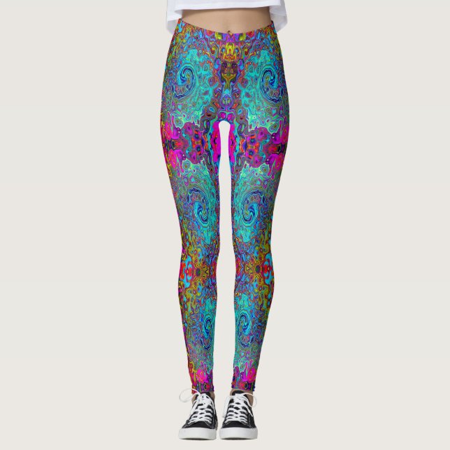 Trippy Sky Blue Abstract Retro Liquid Swirl Leggings (Front)