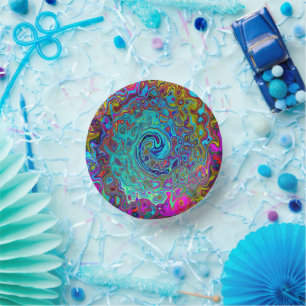 Trippy Sky Blue Abstract Retro Liquid Swirl Paper Plate