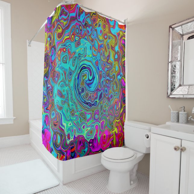 Trippy Sky Blue Abstract Retro Liquid Swirl Shower Curtain (In Situ)