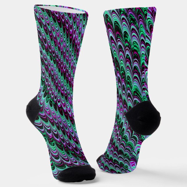 Trippy Squiggly Ripply Bohemian Funky Fractal Art Socks (Angled)