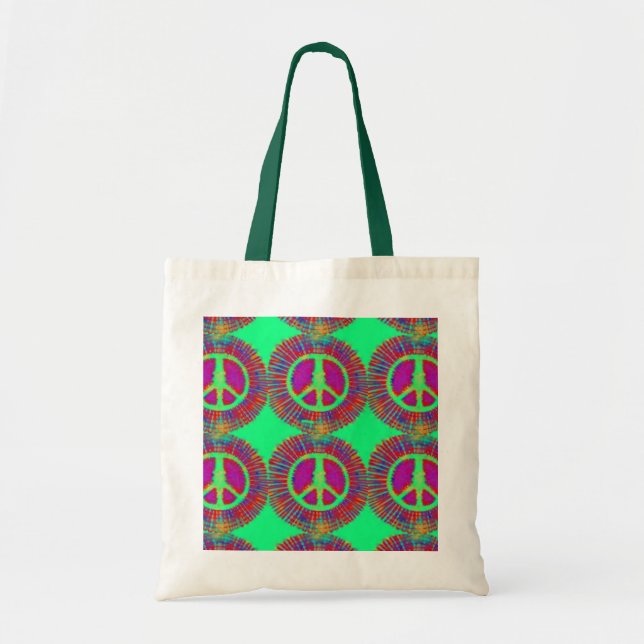 Trippy Tie-Dye Psychedelic Peace Sign Tote Bag (Front)