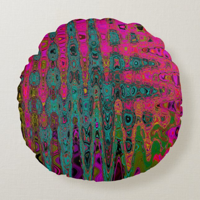Trippy Turquoise Abstract Retro Atomic Waves Round Cushion (Front)