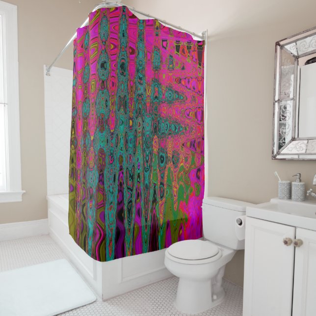 Trippy Turquoise Abstract Retro Atomic Waves Shower Curtain (In Situ)