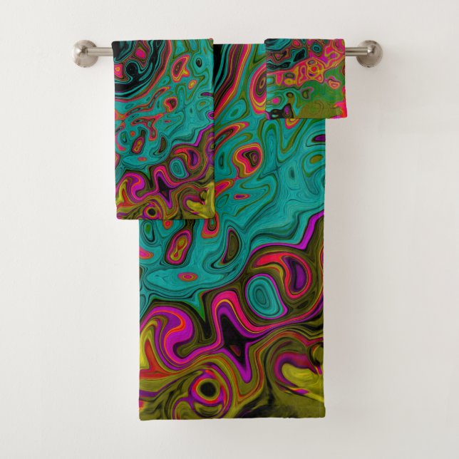 Trippy Turquoise Abstract Retro Liquid Swirl Bath Towel Set (Insitu)