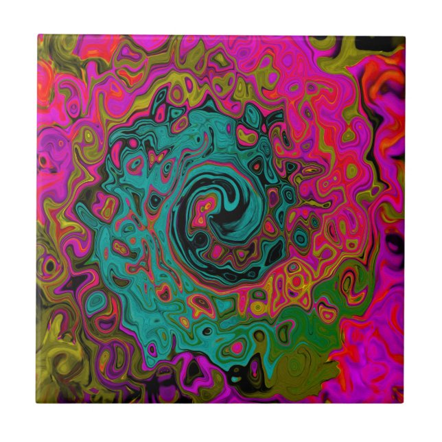 Trippy Turquoise Abstract Retro Liquid Swirl Ceramic Tile (Front)