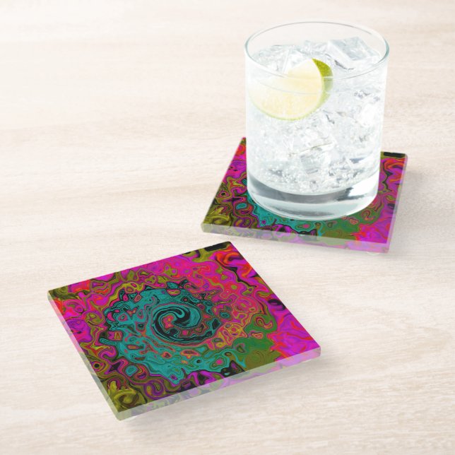 Trippy Turquoise Abstract Retro Liquid Swirl Glass Coaster (Angled)