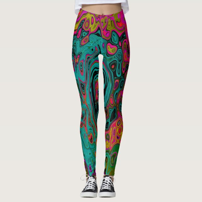 Trippy Turquoise Abstract Retro Liquid Swirl Leggings (Front)