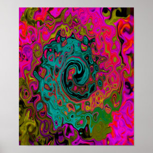 Trippy Turquoise Abstract Retro Liquid Swirl Poster