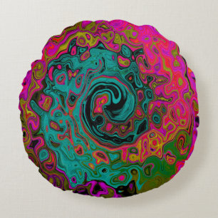 Trippy Turquoise Abstract Retro Liquid Swirl Round Cushion