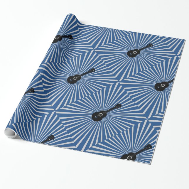 Trippy Ukulele Wrapping Paper - Blue (Unrolled)