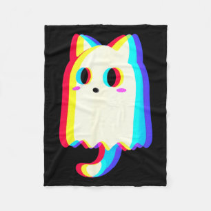 Trippy Vaporwave Ghost Cat Halloween Techno Rave Fleece Blanket